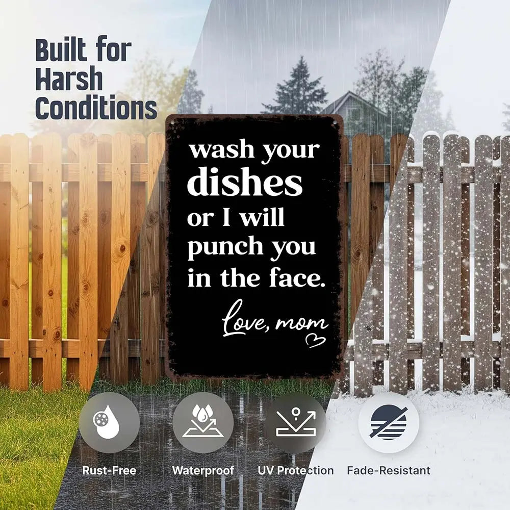 Funny 'Wash Your Dishes Or I'Ll Punch You In The Face' Metal Tin Sign