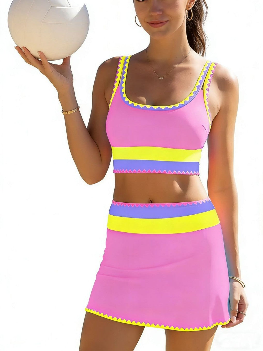 3 Piece Color Contrast Bikini Set-Tummy Control High Waisted Swimsuit with Matching Skirt