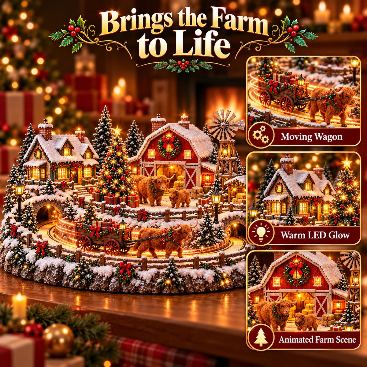 🐮 Animated Highland Cow Christmas Village | Lighted Farmhouse Holiday Décor