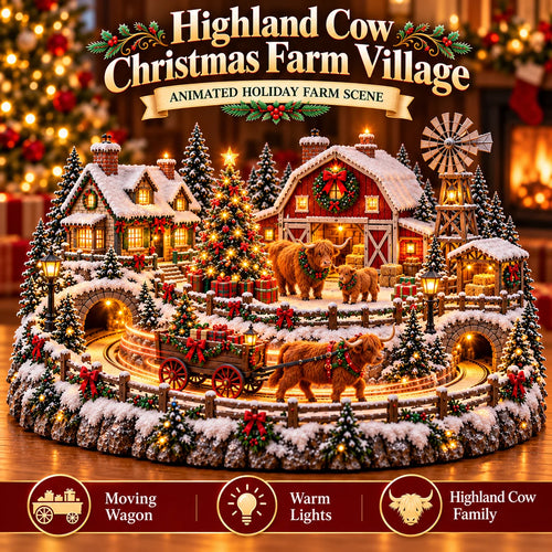 🐮 Animated Highland Cow Christmas Village | Lighted Farmhouse Holiday Décor