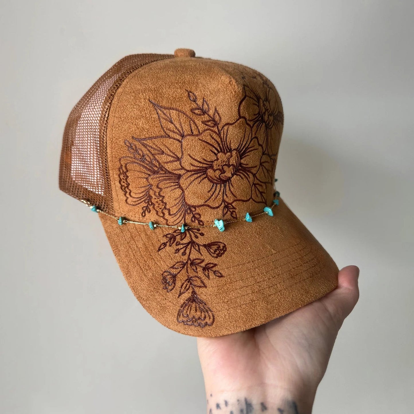 🌸Flower Patch Burned Suede Trucker Hat with Dainty Turquoise Stone Chain