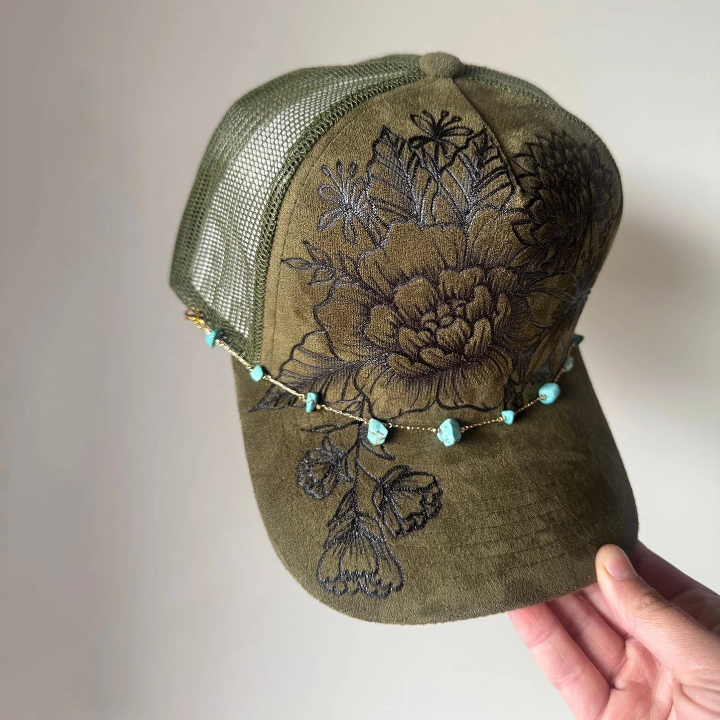 🌸Flower Patch Burned Suede Trucker Hat with Dainty Turquoise Stone Chain