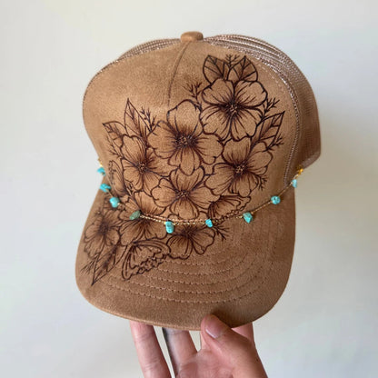 🌸Flower Patch Burned Suede Trucker Hat with Dainty Turquoise Stone Chain