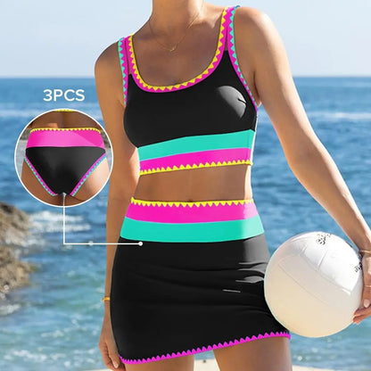 3 Piece Color Contrast Bikini Set-Tummy Control High Waisted Swimsuit with Matching Skirt