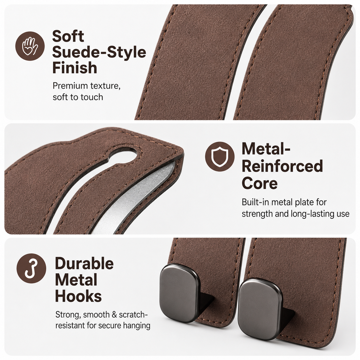 Leather Car Seat Headrest Hooks – Double Metal Purse & Bag Hangers