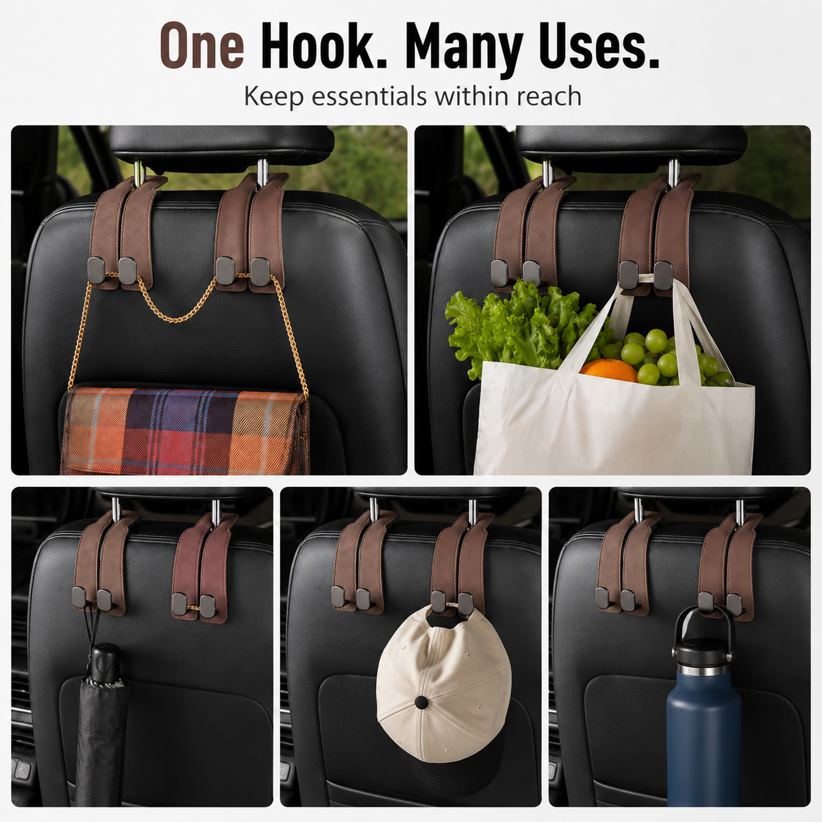 Leather Car Seat Headrest Hooks – Double Metal Purse & Bag Hangers