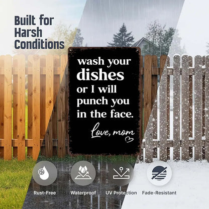 Funny 'Wash Your Dishes Or I'Ll Punch You In The Face' Metal Tin Sign
