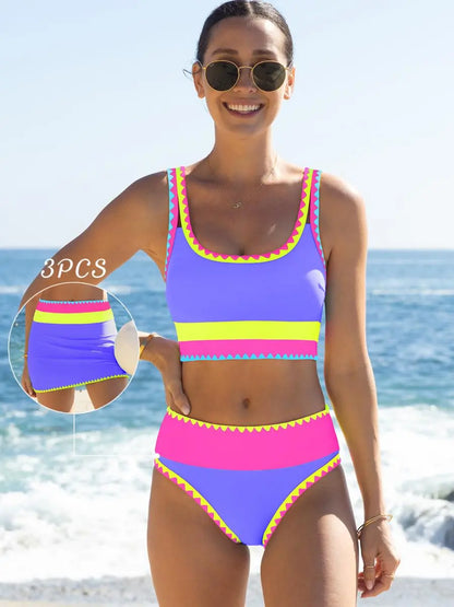3 Piece Color Contrast Bikini Set-Tummy Control High Waisted Swimsuit with Matching Skirt