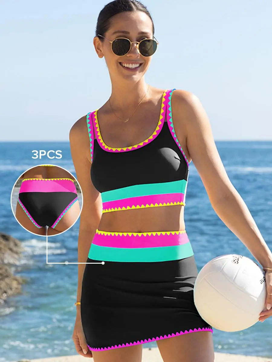 3 Piece Color Contrast Bikini Set-Tummy Control High Waisted Swimsuit with Matching Skirt