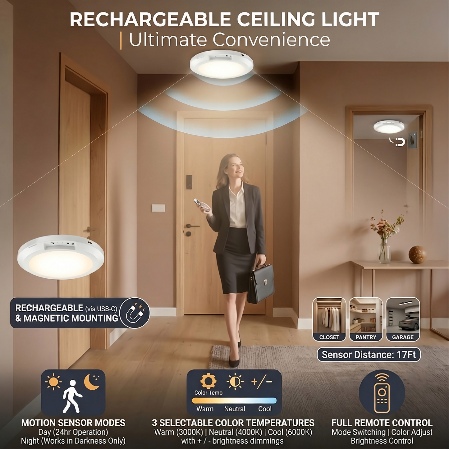 Rechargeable Motion Sensor LED Ceiling Light – Wireless Battery Operated, 3 Color Modes with Remote, Magnetic Mount for Closet, Pantry & Hallway