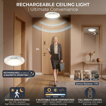 Rechargeable Motion Sensor LED Ceiling Light – Wireless Battery Operated, 3 Color Modes with Remote, Magnetic Mount for Closet, Pantry & Hallway